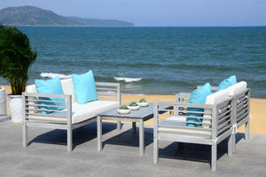 Safavieh ALDA Contemporary 4-Piece Outdoor Furniture Set for Stylish Patio Living and Relaxation Comfort Grey / Bge + Solid Plw PAT7033B