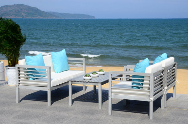 Safavieh ALDA Contemporary 4-Piece Outdoor Furniture Set for Stylish Patio Living and Relaxation Comfort Grey / Bge + Solid Plw PAT7033B