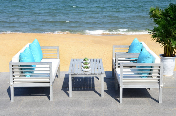 Safavieh ALDA Contemporary 4-Piece Outdoor Furniture Set for Stylish Patio Living and Relaxation Comfort Grey / Bge + Solid Plw PAT7033B