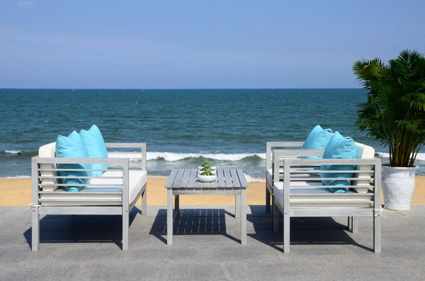 Safavieh ALDA Contemporary 4-Piece Outdoor Furniture Set for Stylish Patio Living and Relaxation Comfort Grey / Bge + Solid Plw PAT7033B