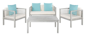 Safavieh ALDA Contemporary 4-Piece Outdoor Furniture Set for Stylish Patio Living and Relaxation Comfort Grey / Bge + Solid Plw PAT7033B