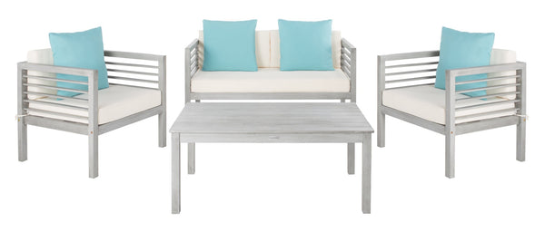 Safavieh ALDA Contemporary 4-Piece Outdoor Furniture Set for Stylish Patio Living and Relaxation Comfort Grey / Bge + Solid Plw PAT7033B