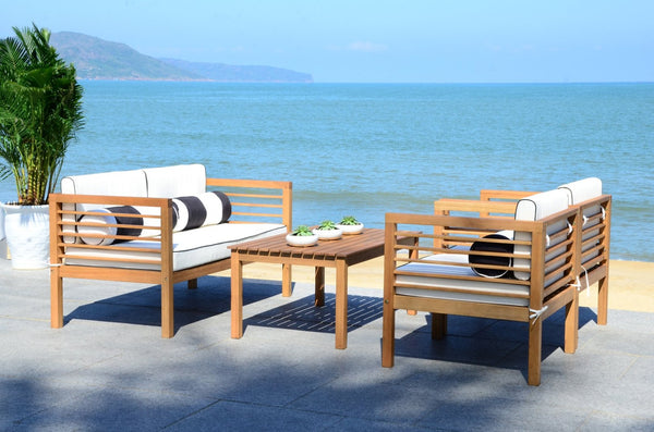 Safavieh ALDA Contemporary 4-Piece Outdoor Furniture Set for Stylish Patio Living and Relaxation Comfort Natural / Bge + Bolster P PAT7033C