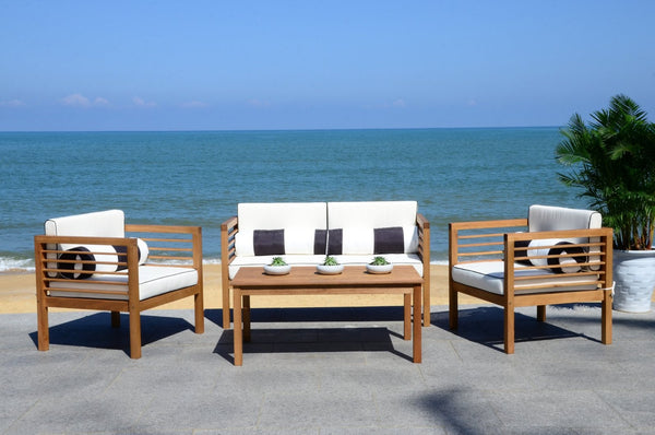 Safavieh ALDA Contemporary 4-Piece Outdoor Furniture Set for Stylish Patio Living and Relaxation Comfort Natural / Bge + Bolster P PAT7033C