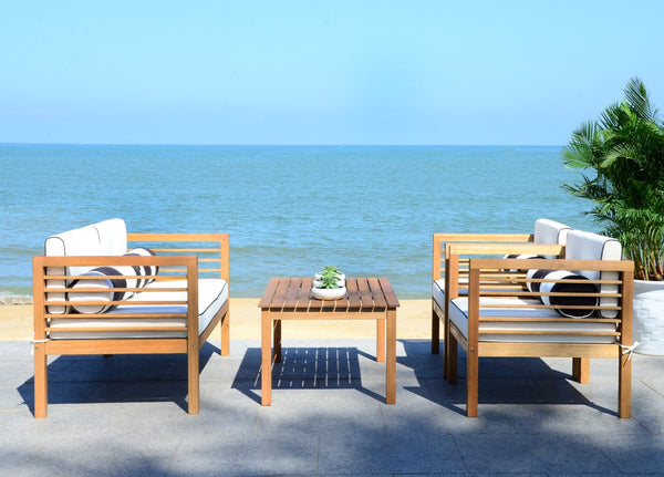 Safavieh ALDA Contemporary 4-Piece Outdoor Furniture Set for Stylish Patio Living and Relaxation Comfort Natural / Bge + Bolster P PAT7033C