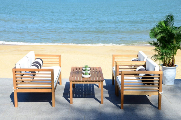Safavieh ALDA Contemporary 4-Piece Outdoor Furniture Set for Stylish Patio Living and Relaxation Comfort Natural / Bge + Bolster P PAT7033C