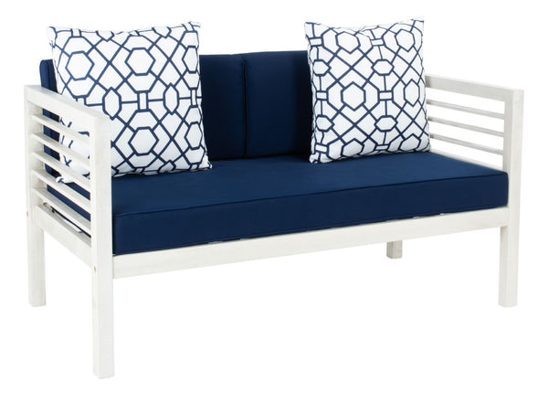 Safavieh ALDA Contemporary 4-Piece Outdoor Furniture Set for Stylish Patio Living and Relaxation Comfort White / Nvy + Trellis P PAT7033D