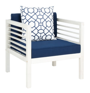 Safavieh ALDA Contemporary 4-Piece Outdoor Furniture Set for Stylish Patio Living and Relaxation Comfort White / Nvy + Trellis P PAT7033D