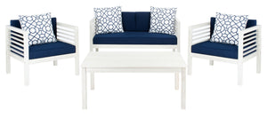 Safavieh ALDA Contemporary 4-Piece Outdoor Furniture Set for Stylish Patio Living and Relaxation Comfort White / Nvy + Trellis P PAT7033D