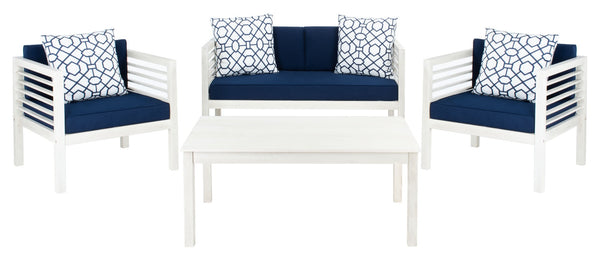 Safavieh ALDA Contemporary 4-Piece Outdoor Furniture Set for Stylish Patio Living and Relaxation Comfort White / Nvy + Trellis P PAT7033D