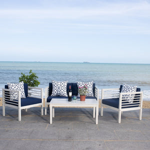 Safavieh ALDA Contemporary 4-Piece Outdoor Furniture Set for Stylish Patio Living and Relaxation Comfort White / Nvy + Trellis P PAT7033D