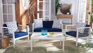 Safavieh ALDA Contemporary 4-Piece Outdoor Furniture Set for Stylish Patio Living and Relaxation Comfort White / Nvy + Trellis P PAT7033D