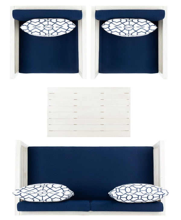 Safavieh ALDA Contemporary 4-Piece Outdoor Furniture Set for Stylish Patio Living and Relaxation Comfort White / Nvy + Trellis P PAT7033D