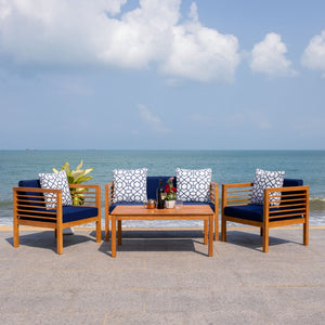 Safavieh ALDA Contemporary 4-Piece Outdoor Furniture Set for Stylish Patio Living and Relaxation Comfort Natural / Nvy + Trellis P PAT7033E