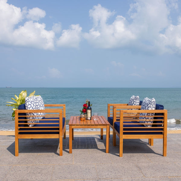 Safavieh ALDA Contemporary 4-Piece Outdoor Furniture Set for Stylish Patio Living and Relaxation Comfort Natural / Nvy + Trellis P PAT7033E