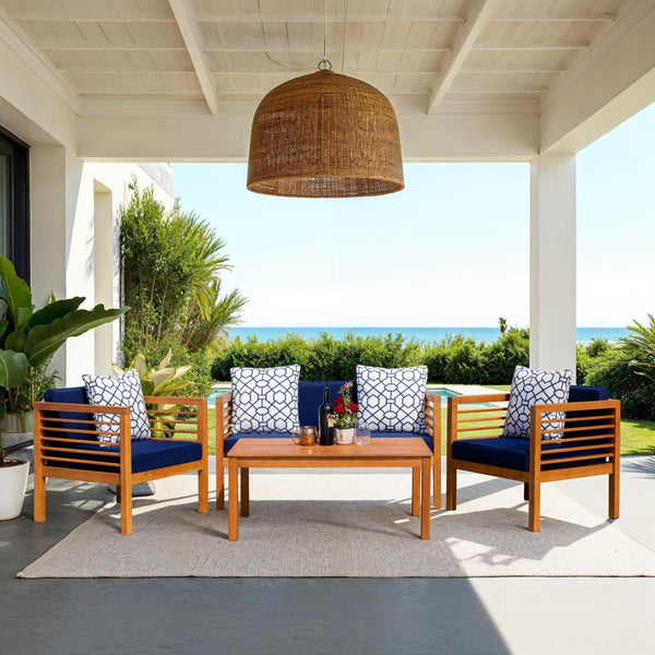 Safavieh ALDA Contemporary 4-Piece Outdoor Furniture Set for Stylish Patio Living and Relaxation Comfort Natural / Nvy + Trellis P PAT7033E