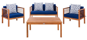 Safavieh ALDA Contemporary 4-Piece Outdoor Furniture Set for Stylish Patio Living and Relaxation Comfort Natural / Nvy + Trellis P PAT7033E