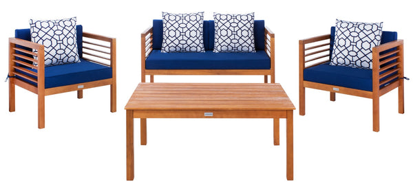Safavieh ALDA Contemporary 4-Piece Outdoor Furniture Set for Stylish Patio Living and Relaxation Comfort Natural / Nvy + Trellis P PAT7033E