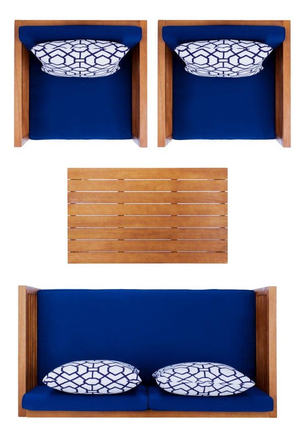 Safavieh ALDA Contemporary 4-Piece Outdoor Furniture Set for Stylish Patio Living and Relaxation Comfort Natural / Nvy + Trellis P PAT7033E