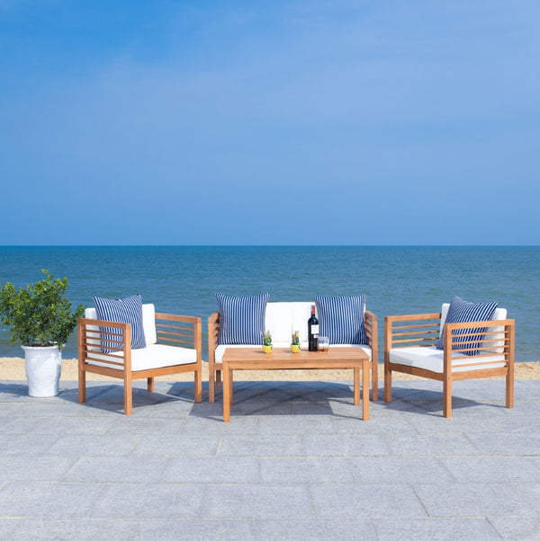 Safavieh ALDA Contemporary 4-Piece Outdoor Furniture Set for Stylish Patio Living and Relaxation Comfort Natural / Bge + Thn Stp P PAT7033F
