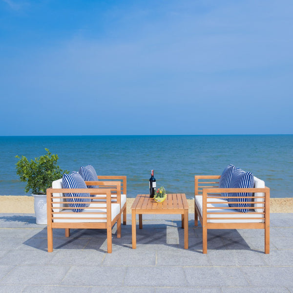 Safavieh ALDA Contemporary 4-Piece Outdoor Furniture Set for Stylish Patio Living and Relaxation Comfort Natural / Bge + Thn Stp P PAT7033F