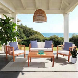 Safavieh ALDA Contemporary 4-Piece Outdoor Furniture Set for Stylish Patio Living and Relaxation Comfort Natural / Bge + Thn Stp P PAT7033F