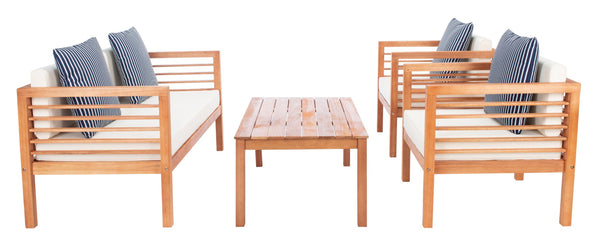 Safavieh ALDA Contemporary 4-Piece Outdoor Furniture Set for Stylish Patio Living and Relaxation Comfort Natural / Bge + Thn Stp P PAT7033F