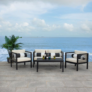 Safavieh ALDA Contemporary 4-Piece Outdoor Furniture Set for Stylish Patio Living and Relaxation Comfort Black / Bge + Bolster P PAT7033G