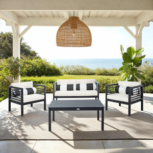 Safavieh ALDA Contemporary 4-Piece Outdoor Furniture Set for Stylish Patio Living and Relaxation Comfort Black / Bge + Bolster P PAT7033G