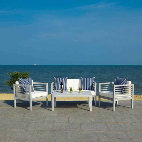 Safavieh ALDA Contemporary 4-Piece Outdoor Furniture Set for Stylish Patio Living and Relaxation Comfort Grey / Bge + Thn Stp P PAT7033H