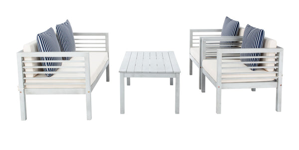 Safavieh ALDA Contemporary 4-Piece Outdoor Furniture Set for Stylish Patio Living and Relaxation Comfort Grey / Bge + Thn Stp P PAT7033H