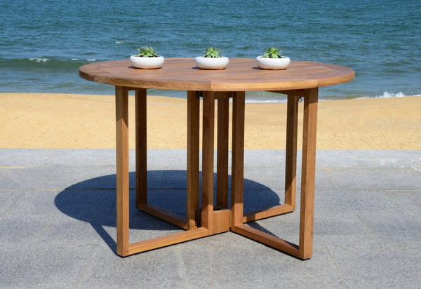Safavieh WALES Round Dining Table - Natural Wood Outdoor Table with Geometric Base for Stylish Gatherings PAT7036A