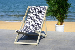 Safavieh RIVE Sling Chair – Whitewashed Wood with Navy & White Cushion for Chic Outdoor Relaxation & Style PAT7039A