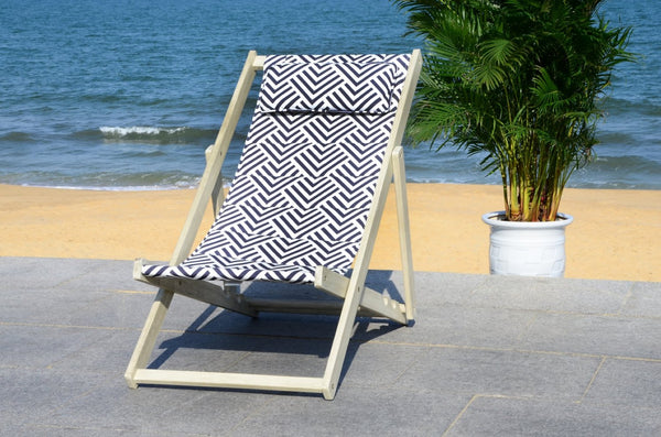 Safavieh RIVE Sling Chair – Whitewashed Wood with Navy & White Cushion for Chic Outdoor Relaxation & Style PAT7039A