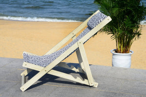 Safavieh RIVE Sling Chair – Whitewashed Wood with Navy & White Cushion for Chic Outdoor Relaxation & Style PAT7039A