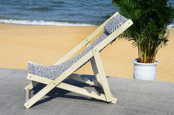 Safavieh RIVE Sling Chair – Whitewashed Wood with Navy & White Cushion for Chic Outdoor Relaxation & Style PAT7039A