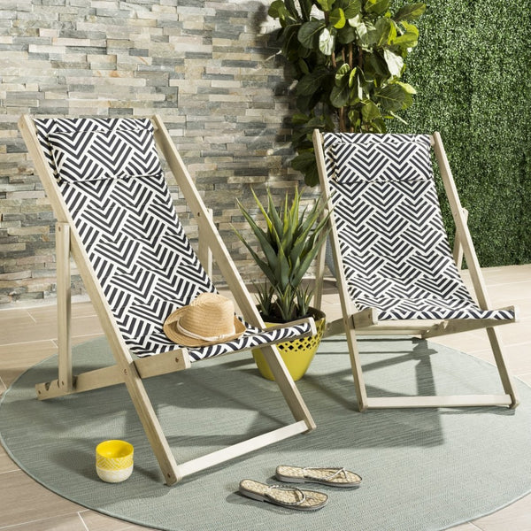 Safavieh RIVE Sling Chair – Whitewashed Wood with Navy & White Cushion for Chic Outdoor Relaxation & Style PAT7039A