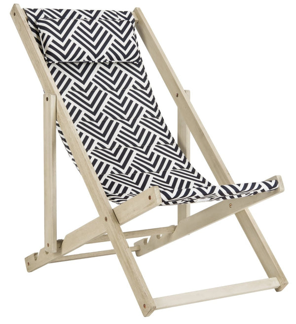 Safavieh RIVE Sling Chair – Whitewashed Wood with Navy & White Cushion for Chic Outdoor Relaxation & Style PAT7039A