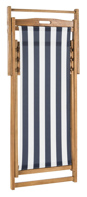 Safavieh LOREN Sling Chair - Contemporary Foldable Outdoor Seating with Durable Eucalyptus Wood Frame and Cushion Natural / Navy Stripe PAT7040A-SET2