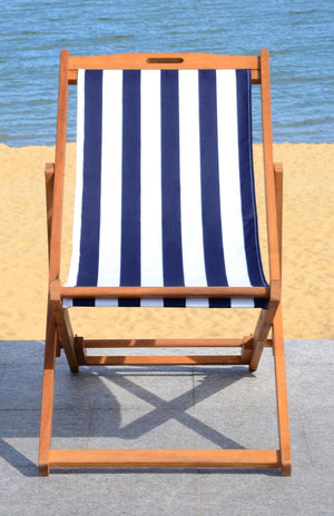 Safavieh LOREN Sling Chair - Contemporary Foldable Outdoor Seating with Durable Eucalyptus Wood Frame and Cushion Natural / Navy Stripe PAT7040A-SET2