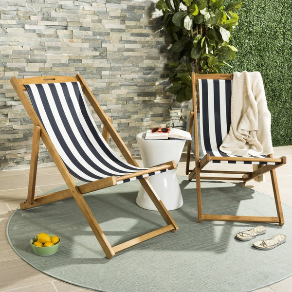 Safavieh LOREN Sling Chair - Contemporary Foldable Outdoor Seating with Durable Eucalyptus Wood Frame and Cushion Natural / Navy Stripe PAT7040A-SET2