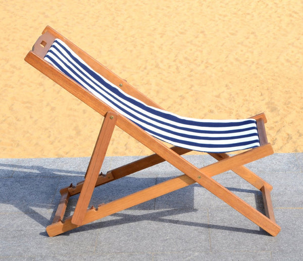 Safavieh LOREN Sling Chair - Contemporary Foldable Outdoor Seating with Durable Eucalyptus Wood Frame and Cushion Natural / Navy Stripe PAT7040A-SET2