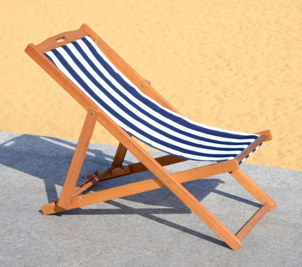 Safavieh LOREN Sling Chair - Contemporary Foldable Outdoor Seating with Durable Eucalyptus Wood Frame and Cushion Natural / Navy Stripe PAT7040A-SET2