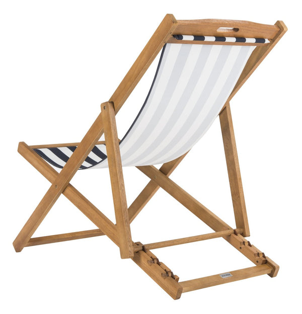 Safavieh LOREN Sling Chair - Contemporary Foldable Outdoor Seating with Durable Eucalyptus Wood Frame and Cushion Natural / Navy Stripe PAT7040A-SET2