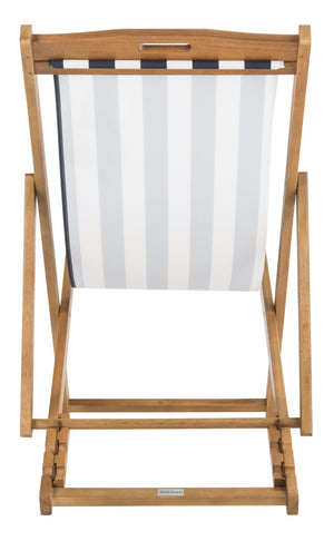 Safavieh LOREN Sling Chair - Contemporary Foldable Outdoor Seating with Durable Eucalyptus Wood Frame and Cushion Natural / Navy Stripe PAT7040A-SET2