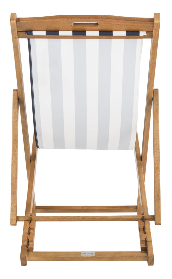 Safavieh LOREN Sling Chair - Contemporary Foldable Outdoor Seating with Durable Eucalyptus Wood Frame and Cushion Natural / Navy Stripe PAT7040A-SET2