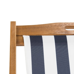 Safavieh LOREN Sling Chair - Contemporary Foldable Outdoor Seating with Durable Eucalyptus Wood Frame and Cushion Natural / Navy Stripe PAT7040A-SET2