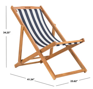 Safavieh LOREN Sling Chair - Contemporary Foldable Outdoor Seating with Durable Eucalyptus Wood Frame and Cushion Natural / Navy Stripe PAT7040A-SET2