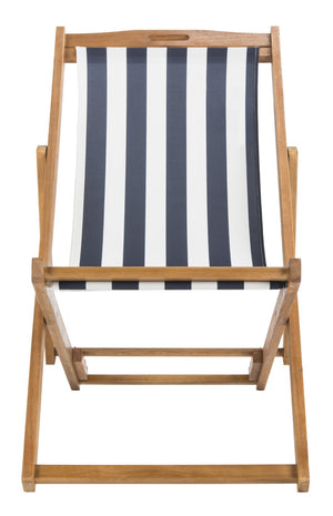 Safavieh LOREN Sling Chair - Contemporary Foldable Outdoor Seating with Durable Eucalyptus Wood Frame and Cushion Natural / Navy Stripe PAT7040A-SET2