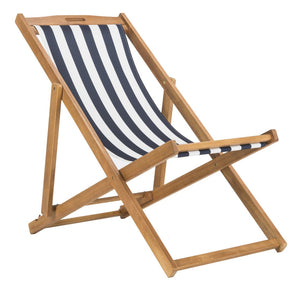 Safavieh LOREN Sling Chair - Contemporary Foldable Outdoor Seating with Durable Eucalyptus Wood Frame and Cushion Natural / Navy Stripe PAT7040A-SET2